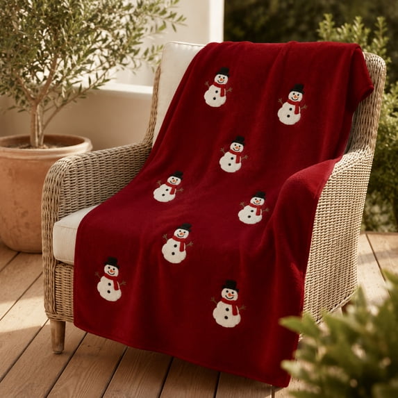 Red Classic Snowman Flannel Throw Blanket, Soft Polyester Christmas Decorative Cover For Couch, Bed, Living Room Bedroom Farmhouse Winter Home Decor.A:59*39.37in