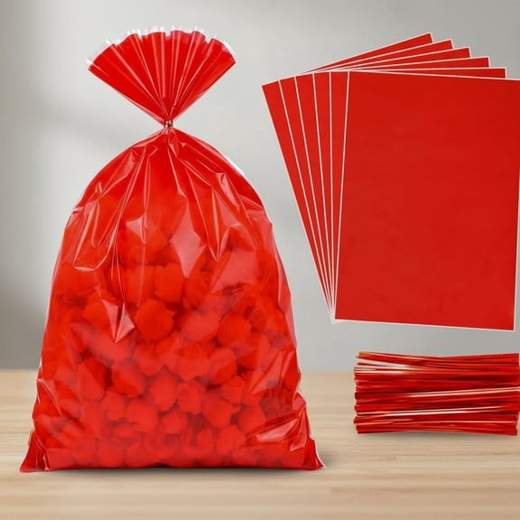 Red Clear Cellophane Treat Bags - 100 Pack Plastic Gift Cello Bags with Ties for Candy Cookie Goodie Party Favors Supplies and Gift Wrapping