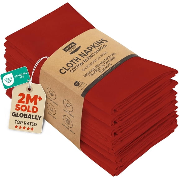 Red Cloth Napkins [12 Pack, 18x18 Inch] Absorbent Cotton Blend Washable and Reusable for Dinner, Restaurant, Lunch, Wedding and Hotel