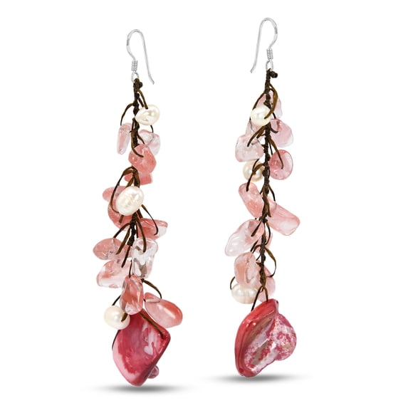 Red Cluster Shell and Glass Drop Sterling Silver Earrings