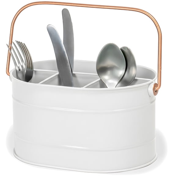 Red Co. 10" x 7" Enameled Metal Utensil Organizer with Handle, Farmhouse White/Rose Gold