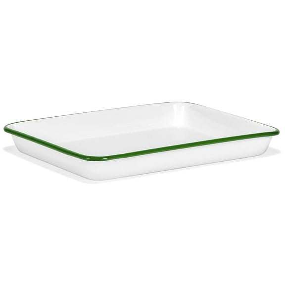 Red Co. 11" x 9" Enamelware Metal Classic 2 Quart Rectangular Serving Tray, Solid White/Dark Green Rim