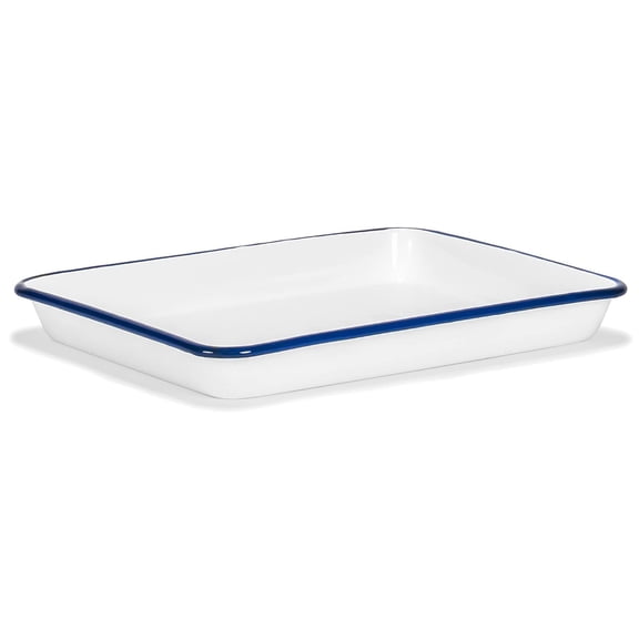 Red Co. 11" x 9" Enamelware Metal Classic 2 Quart Rectangular Serving Tray, Solid White/Navy Blue Rim