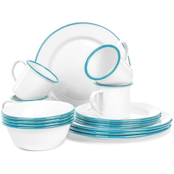 Red Co. 16-Piece Enamelware Metal Dinnerware Set for 4, Solid White/Teal Rim