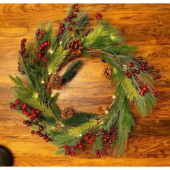 Red Co. 22” Light-Up Christmas Wreath with Pinecones & Evergreens, Battery-Operated LED Lights with Timer