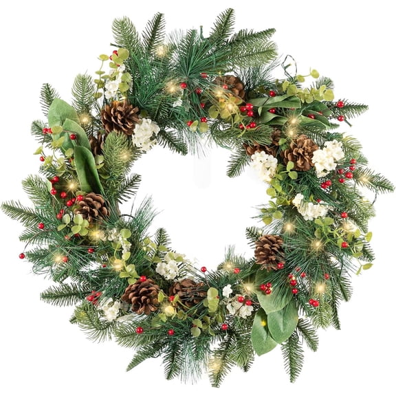Red Co 26-inch Artificial Light-Up Decorated Christmas Wreath Battery-Operated