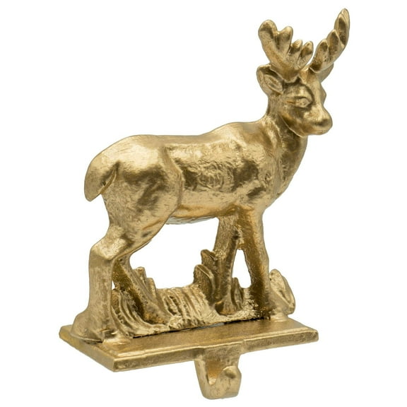 Red Co. 6.75" Decorative Cast Iron Stocking Holder with Hook in Old Gold Finish – Reindeer