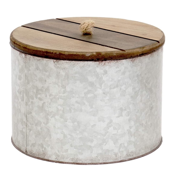 Red Co. 7" Dia Rustic Galvanized Metal Round Storage Box with Wooden Lid, Rusted Gray