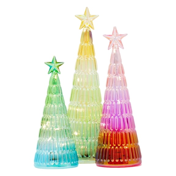 Red Co. Set of 3 Iridescent Rainbow Glass Light-Up Christmas Tree Tabletop Decoration with LED Lights