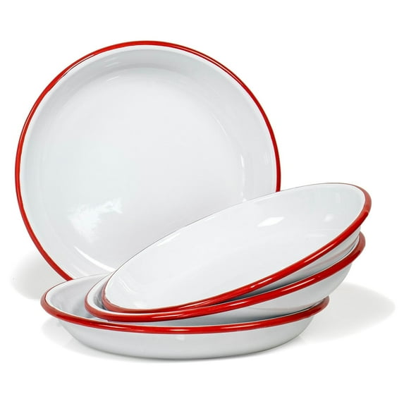 Red Co. Set of 4 Enamelware Metal 10” Round Camping Plates, Solid White/Red Rim
