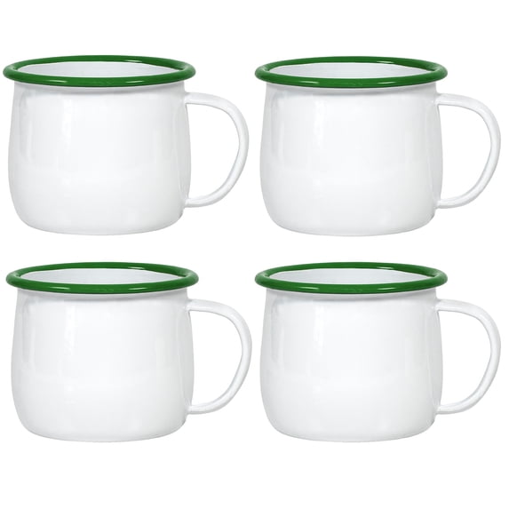Red Co. Set of 4 Enamelware Metal 12 Oz Round Camping Mugs with Handle, Solid White/Dark Green Rim