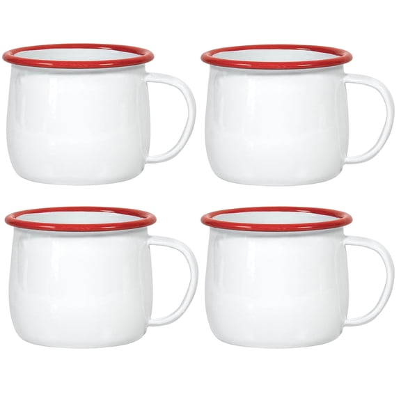 Red Co. Set of 4 Enamelware Metal 12 Oz Round Camping Mugs with Handle, Solid White/Red Rim