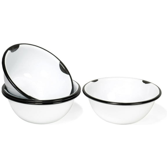 Red Co. Set of 4 Enamelware Metal Classic 20 oz Round Cereal Bowl, Distressed White/Black Rim