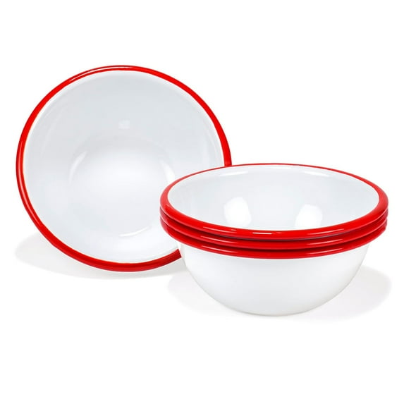 Red Co. Set of 4 Enamelware Metal Classic 20 oz Round Cereal Bowl, Solid White/Red Rim