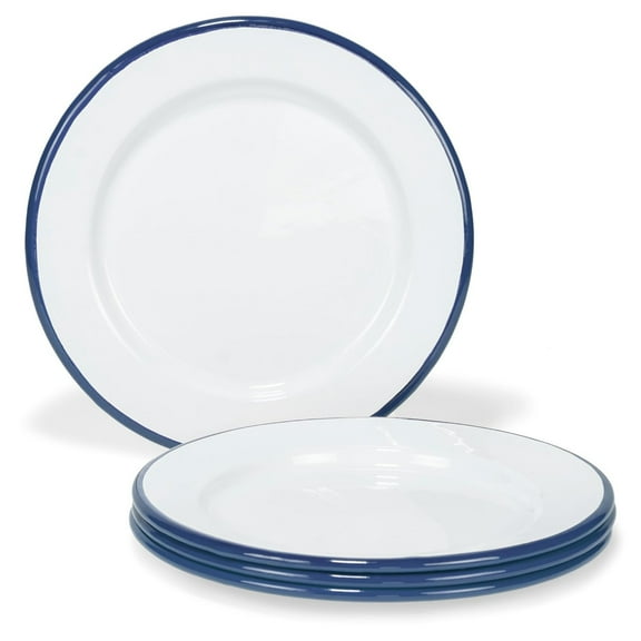 Red Co. Set of 4 Enamelware Metal Classic 8" Round Salad Plate, Solid White/Navy Blue Rim