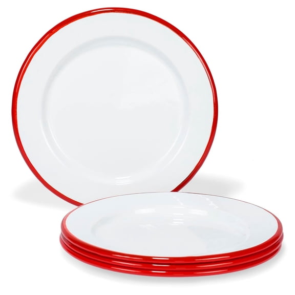 Red Co. Set of 4 Enamelware Metal Classic 8" Round Salad Plate, Solid White/Red Rim