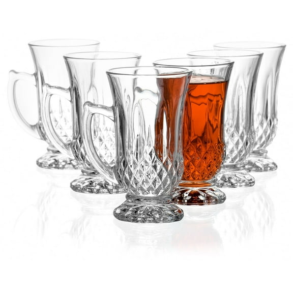 Red Co. Set of 6 Classic Clear Cut Glass 4.5 Oz Footed Turkish Tea Cups with Handles