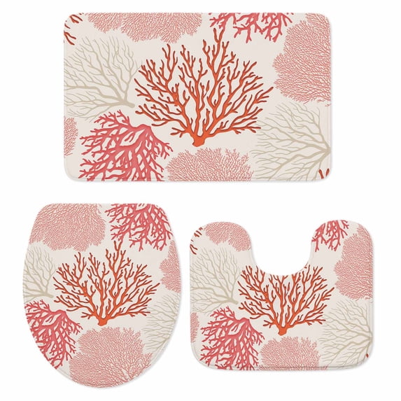 Red Coastal Bath Mat 3 Piece Bathroom Rug Set, Vintage Coral Ocean Modern Sea Abstract Non Slip Bath Rug Contour Mat and Toilet Lid Cover, Absorbent Shower Mats Soft Bath Rugs and Mats Sets