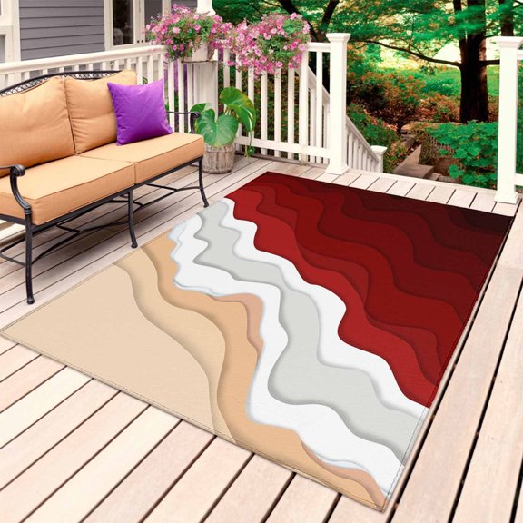Red Coastal Beach Outdoor Rug 6x9 Ft, Non Slip Washable Area Rug, Farmhouse Abstract Ocean Waves Striped Patio Rugs Carpet Runner, Large Floor Mat for Indoor/Outdoor Deck Porch Camping