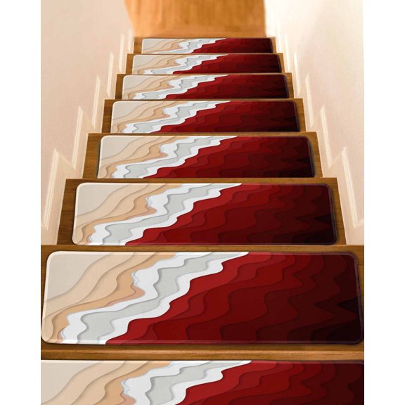 Red Coastal Beach Stair Treads for Wooden Steps Indoor Runner Rug Carpet, Farmhouse Abstract Ocean Waves Striped 4 Pieces Peel and Stick Staircase Step Treads Covers Washable Throw Door Mats, 30"x8"