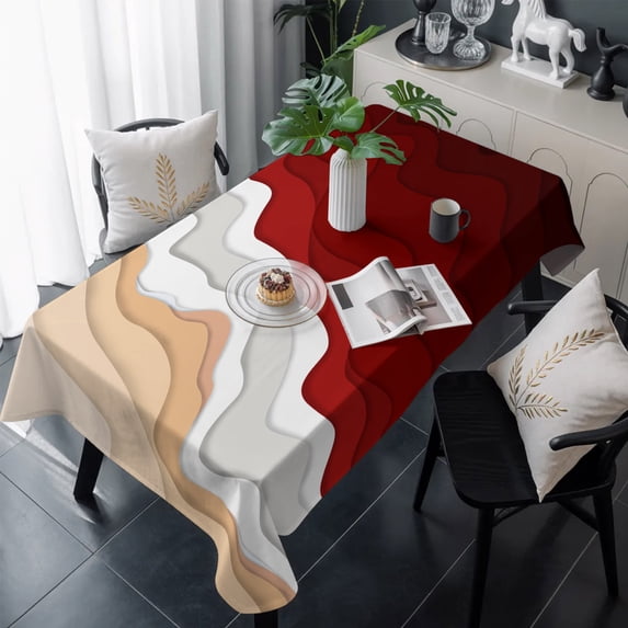Red Coastal Beach Table Cloth Waterproof Tablecloths, Farmhouse Abstract Ocean Waves Striped Tablecloth Dining Table Cover for Kitchen Party Tabletop Outdoor, Rectangle Tablecloth 54x108 Inch