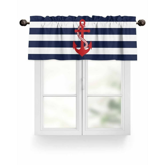 Red Coastal Nautical Anchor Kitchen Valances for Windows White Navy Blue Striped Valance Curtains for Kitchen /Living Room/Bedroom/ Bathroom Decor, 54"x18 " ,Rod Pocket 1 Panel,