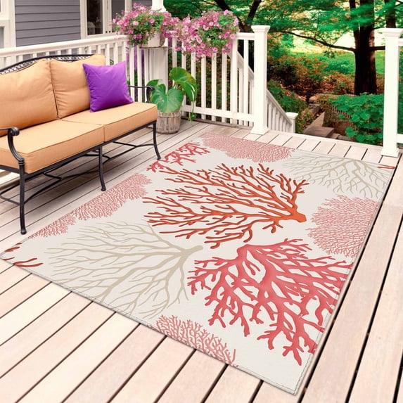 Red Coastal Outdoor Rug for Patio/Deck/Porch, Non-Slip Large Area Rug 4 x 6 Ft, Vintage Coral Ocean Modern Sea Abstract Indoor Outdoor Rugs Washable Area Rugs, Reversible Camping Rug Carpet Runner