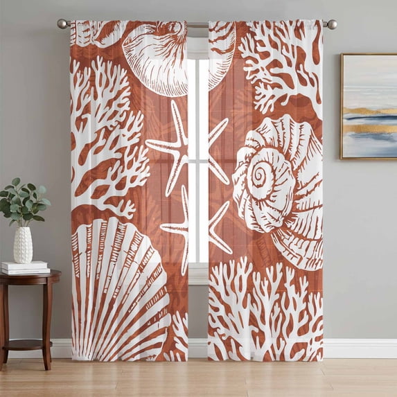 Red Coastal Sheer Curtains 96 Inch Length 2 Panels Set, Conch Nautical Summer Starfish Shell Coral Voile Window Treatment Semi Sheer Long Curtains Drapes for Bedroom/Living Room/Kitchen 52"x96"x2
