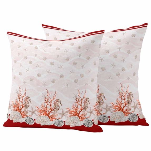 Red Coastal Shell Outdoor Waterproof Pillow Covers, Nautical Seahorse Coral Stripes Decorative Square Throw Pillowcase Sofa Cushion Sham for Patio/Couch/Chair, 18"x18" 2 Pack