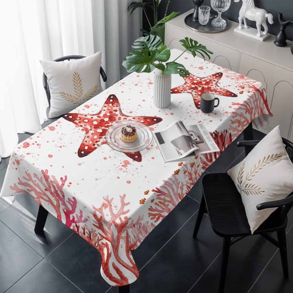 Red Coastal Starfish Table Cloth Waterproof Tablecloths, Summer Ocean Coral Sea Fish Abstract Tablecloth Dining Table Cover for Kitchen Party Tabletop Outdoor, Rectangle Tablecloth 54x108 Inch