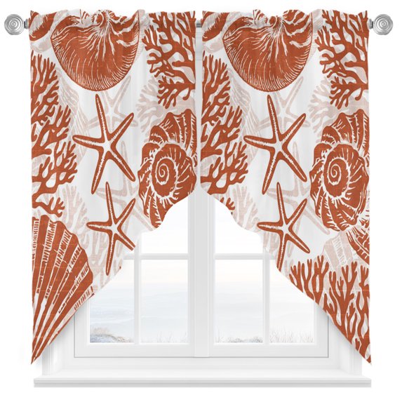 Red Coastal Swag Curtains Valance For Kitchen Windows, Nautical Coral Shell Conch Starfish Summer Wide Rod Pocket Curtain Drapes, Bathroom Cafe Living Room Light Filtering Drapery Panels, 72"W x 45"H