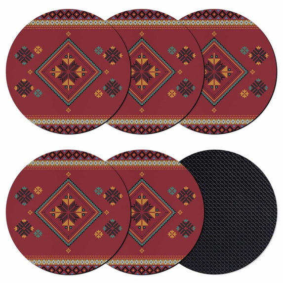 Red Coasters Set of 6, Absorbent Coasters for Drinks, Boho Vintage Ethnic Tribe Abstract Art Retro Coaster for Desk Coffee Table Protection, Home Decor House Warming Gifts 4"