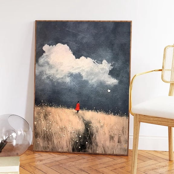Red Coat In Meadow Wall Art, Moody Cloud Landscape Poster, Minimal Portrait Decor Home Decor, 8x12 UNFRAMED