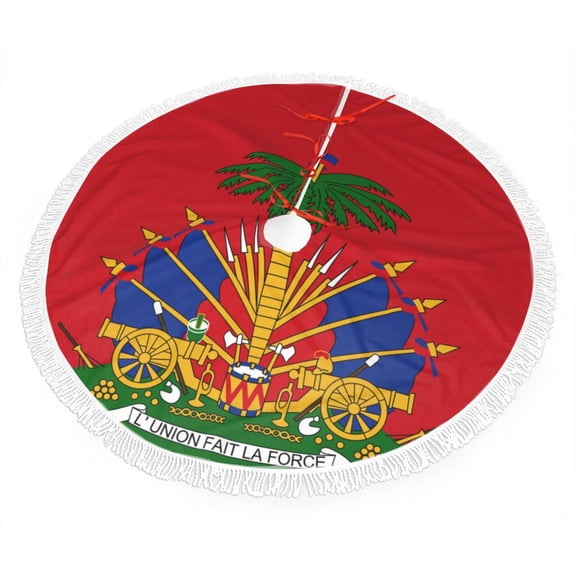Red Coat Of Arms Of Haiti Christmas Tree Skirt Tassel Lace for Xmas Ornaments Decoration 30"