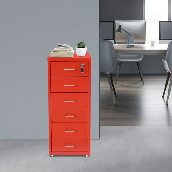 Red Cold-Rolled Steel 28*41*69cm File Lock Cabinet 6-Storey Drawer Lock Locker Mobile File Storage Cabinet