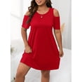 thumbnail image 1 of Red Cold Shoulder Short Sleeve A-Line Plus Size Casual Sundress For Women, 1 of 6
