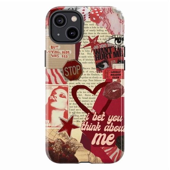 Red Collage Aesthetic Phone Case, Retro Love Quote Art iPhone Cover, Vintage Romantic Artistic Protective Case for iPhone 17 16 15 14 13 12 11 Pro Plus Mini