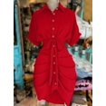 thumbnail image 1 of Red Collared Single-Breasted Tie-Waist Short Sleeve Shirt Dress With Ruched Detail, 1 of 5