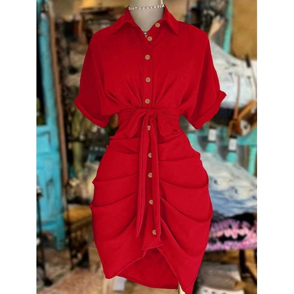 Red Collared Single-Breasted Tie-Waist Short Sleeve Shirt Dress With Ruched Detail