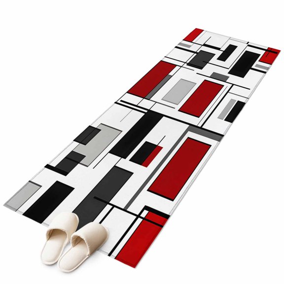 Red Color Block Abstract Geometric Non-Slip Non-Shedding Floor Mat, Irregular Line Washable Sturdy Carpet for Living Room Bedroom Home Decor