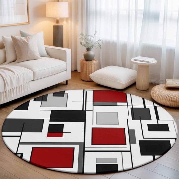 Red Color Block Abstract Geometric Round Rug 5ft Irregular Line Washable Area Rugs for Living Room Bedroom Entryway Non Slip Entrance Door Mat Indoor Floor Carpet