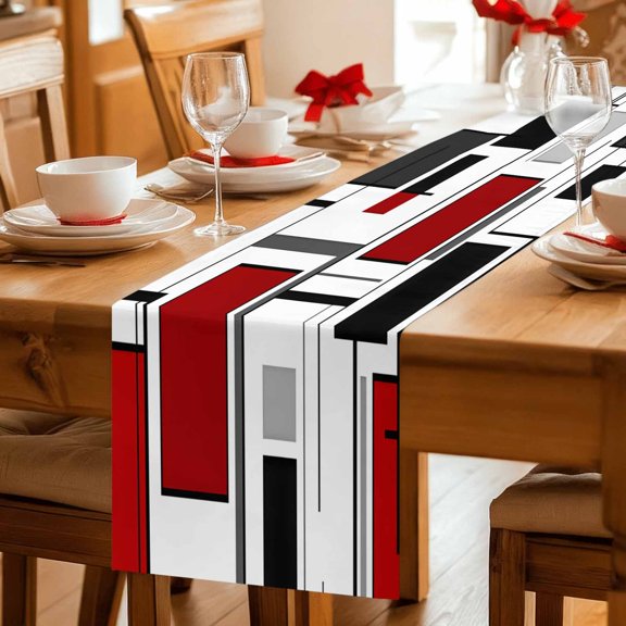 Red Color Block Abstract Geometric Table Runner 36 Inches Long,Kitchen Dining Tablerunners Irregular Line Linen Table Runners Dresser Scarves for Home Dinner Wedding Holiday Party Decor