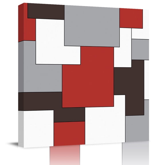 Red Color Block Grey Abstract Geometric Canvas Artwork Painting Art, Modern Mid-Century Abstract Style Square Framed Wall Decorations Prints Picture for Bedroom Kitchen Living Room, 12x12 in