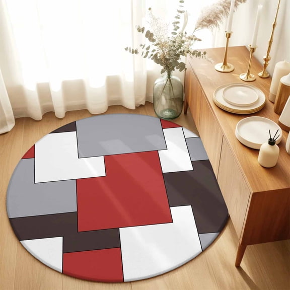 Red Color Block Grey Abstract Geometric Round Rug 3ft Modern Mid-Century Abstract Style Washable Area Rugs for Living Room Bedroom Entryway Non Slip Entrance Door Mat Indoor Floor Carpet