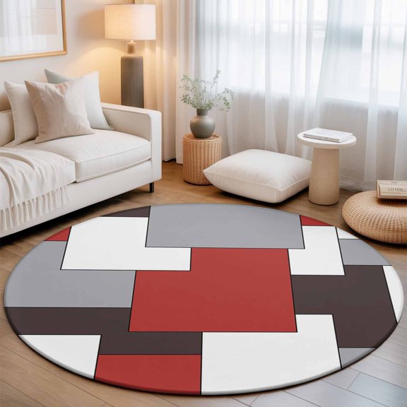 Red Color Block Grey Abstract Geometric Round Rug 5ft Modern Mid-Century Abstract Style Washable Area Rugs for Living Room Bedroom Entryway Non Slip Entrance Door Mat Indoor Floor Carpet