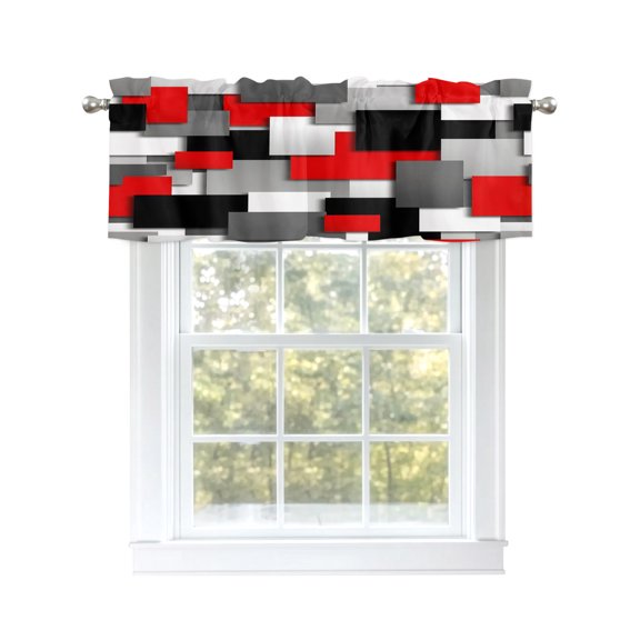 Red Color Block Ombre Geometric Valance for Windows,Kitchen Valance Rod Pocket Curtain 54x18 inch, Modern Abstract Art Short Curtain Window Treatment Topper for Bedroom Living Room