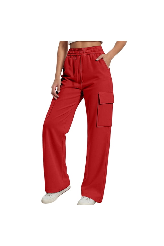 Red Color-Blocked Cargo Pants with Side Pockets, Elasticated Belt Casual Trousers for Teenagers, for Daily Use, Outdoor Activities, and School