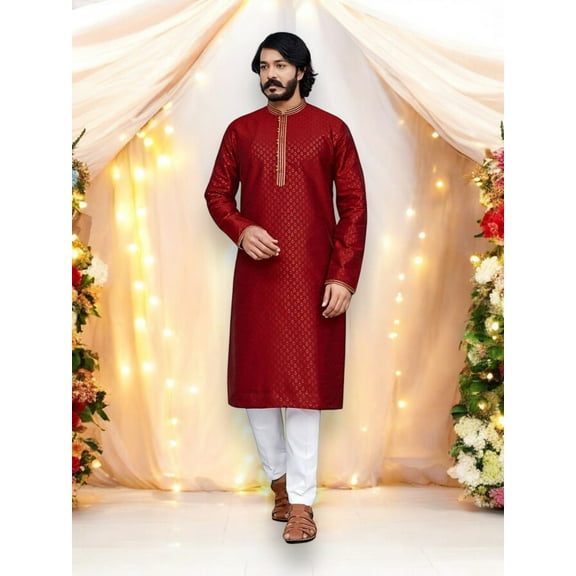 Red Color, Traditional Silk Kurta Pajama&ndash; Cultural Wear for Mens