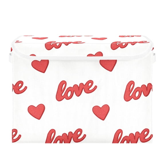 Red Color Love Text Hearts Valentine Foldable Storage Bins with Lids Handles Collapsible Storage Containers Tote Boxes 16.5 x 12.6 x 11.8 inches