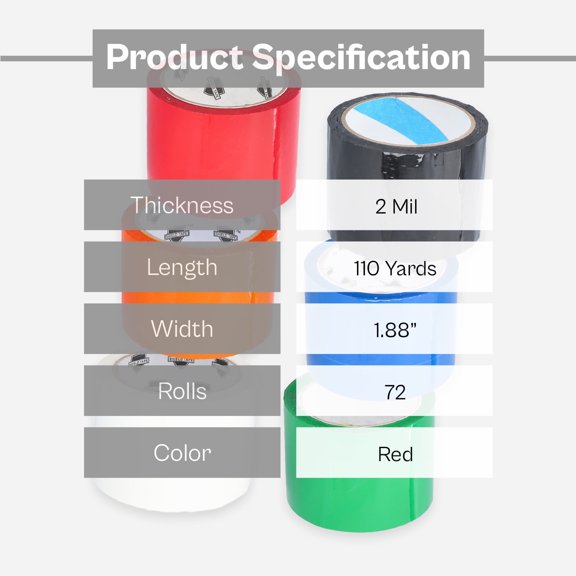 SSBM 1.88 Inch x 110 Yards Acrylic Red Carton Sealing Tape 2 Mil Durable Packing & Storage, 72 Rolls